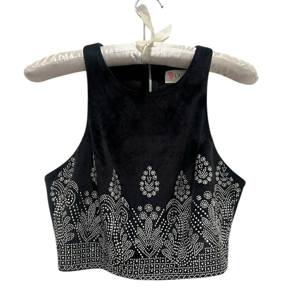 Latiste Black Velvet Rhinestone Cropped Tank Top Festival Gothic Anthro Style - Picture 3 of 9
